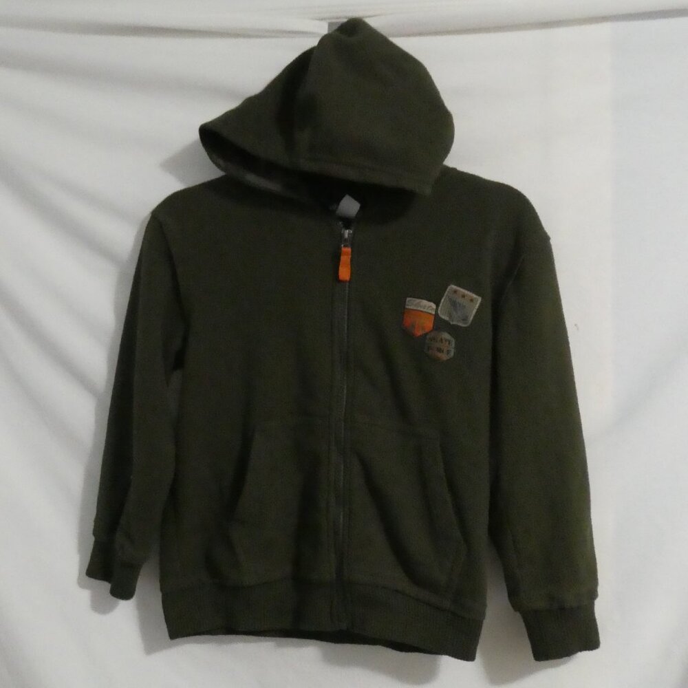 VIBRATIONS | size 7/8 | Olive Green Hooded Fleece Zip-Up Jacket | Camo Lining